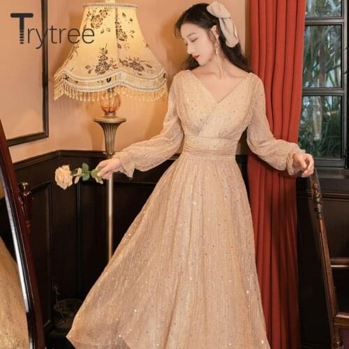 Trytree 2021 Spring Summer Womens Dress Casual V-neck Butterfly Sleeve Sequined Mesh A-line Mid-calf Vintage Elegant Dress