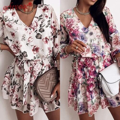 2021 Summer V Neck Printing Elegant Dresses For Women Womens Casual Clothing Party A Line Mini Floral Dress Robe Femme Vestidos