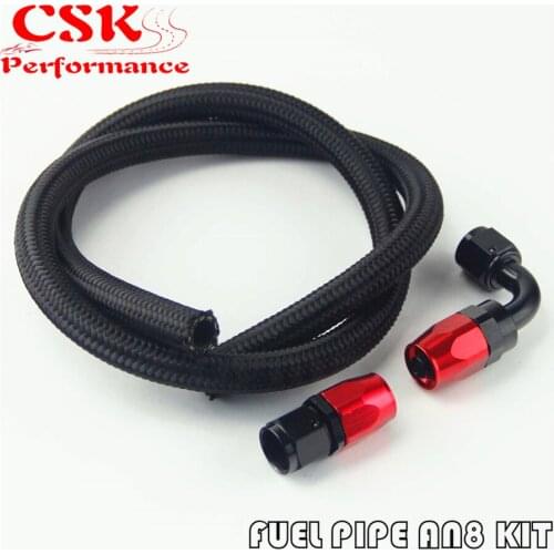 1M 3FT AN8 Stainess Nylon Steel Braided Oil Fuel Line + 90 Deg & 0 Deg Swivel Fittings