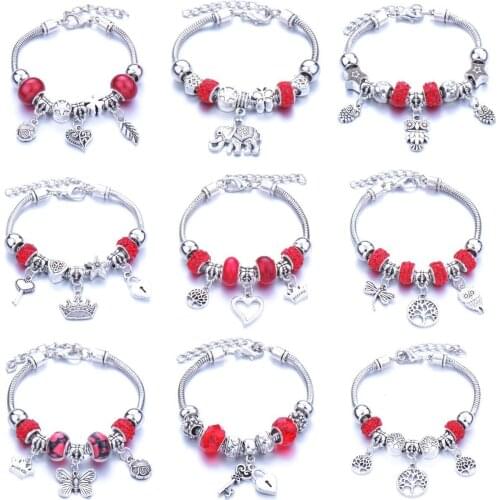 2021 latest red resin beads diy beaded zircon round beads bracelet retro bracelet alloy snake bone chain Pandora-style