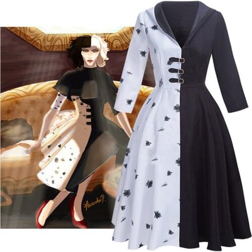 Anime Cruella Cosplay Black White Dress Long Sleeve V Neck Hooded Dress One-piece Suit Skirt For Women Girls Halloween Party