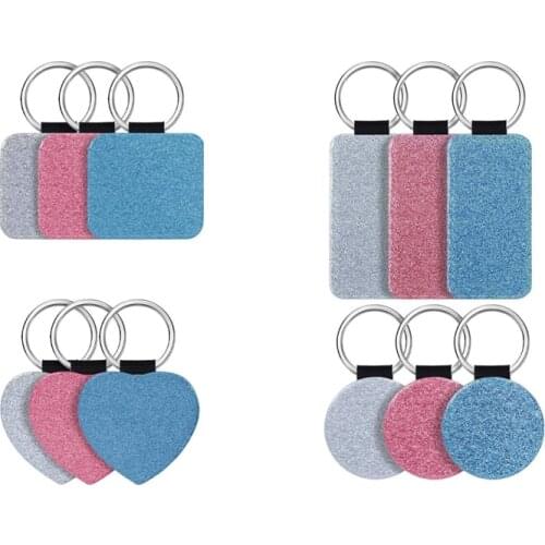 12 Pack 3 Colors Sublimation Blanks Keychain 4 Types Glitter PU Leather Keychain DIY Heat Transfer Keyring