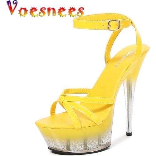 Voeseees Brand Women Sexy Shoes Gladiator Platform Clear Heel Thin Heels Ankle Strap Sandals Bling Fashion Sexy Girls Shoe Show
