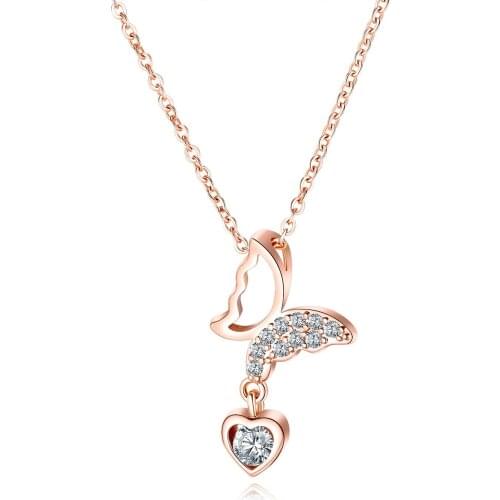 Cyue Womens Fashion Rose Gold Plated Clavicle Chain Pendant Simple CZ Hollow Butterfly Love Necklace