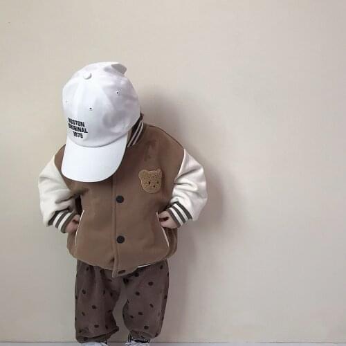 9252 Children Clothes Patchwork Long Sleeve Baseball Jackets Autumn Winter 2021 Girls Bear Baseball Coat Boy Coffee Dot Pant