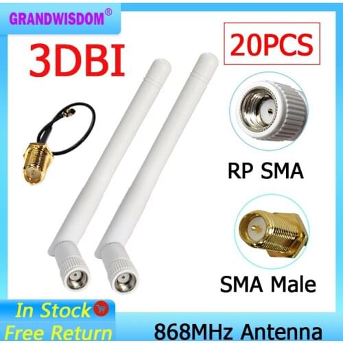 868MHz 915MHz Antenna 3dbi RP-SMA Connector 20pcs GSM 915 868 IOT antena lora antenne waterproof SMA Male/u.FL Pigtail lorawan