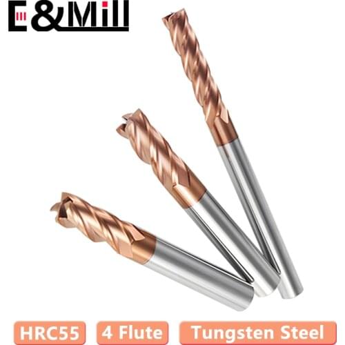 HRC55 End Mill 4 Flute End Mill for Steel Carbide CNC Machining Center Four-blade Coated Tungsten Steel Milling Cutter 1-20mm
