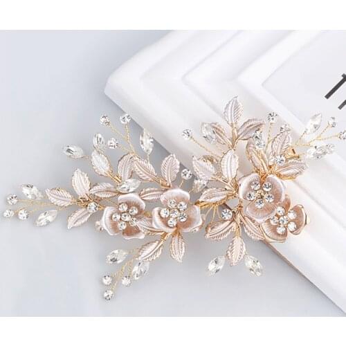 Handmade Fashion Rose Gold Crystal Rhinestones Flower Leaf Wedding Hair Clip Barrette Bridal Headpiece Hair Accessories Hot Sale
