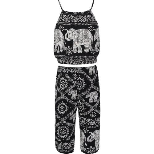 Fashion Kids Girls Boho Print Thailand Elephant Print Summer Casual Yoga Suit Straps Tops and Pants Set Travel Beach Sports Wear