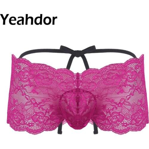 Mens Sexy Erotic Lingerie Underwear See Through Floral Lace Strappy Bulge Pouch Low Rise Sissy Open Butt Bikini Briefs Panties