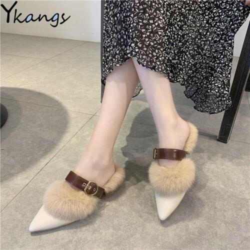 Real Fur Slippers 2020 Mules Womens Furry Slippers Flip Flop Winter Warm Shoes Fashion Ladies Office Autumn Rabbit Hair Slides