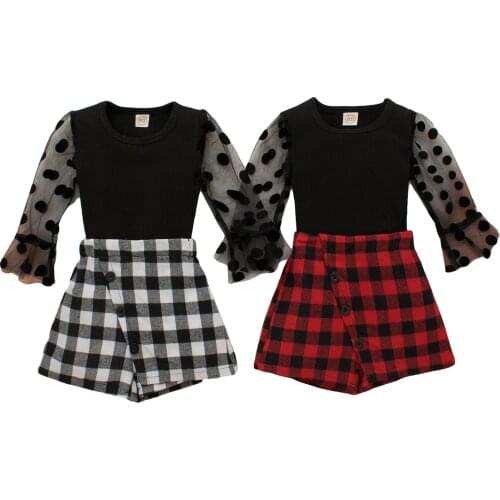 New Baby Girls Clothes Infant Autumn Fall Set Mesh Long Sleeve Dot Print Blouse Top Plaid Shorts Spring Outfits Suit
