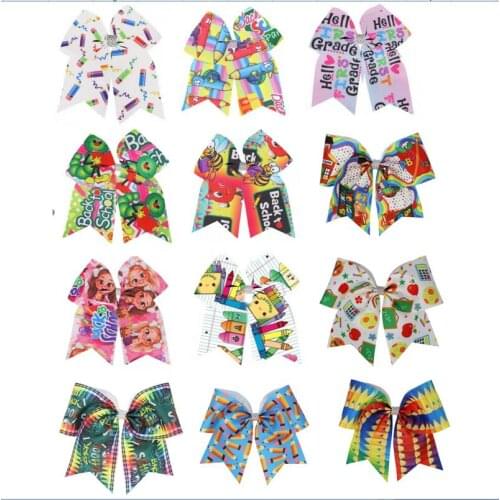 24pcs wholesale 7.5inch Back To School Cheer Bow Elastic Band Ponytail Holder For Girls Kids Cheerleading Cheerleader