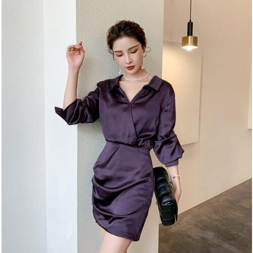 Spring Autumn Fashion Sexy V-neck Shirt Dress Lady Long sleeve Temperament Satin Dress Women Elegant Party Dresses purple dress