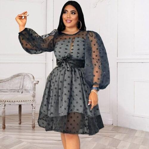 Round Neck Puff Sleeve Polka-dot Gown with Lining and Belt Two-piece Plus Size Womens Dress Ruffled Dress Party Dress