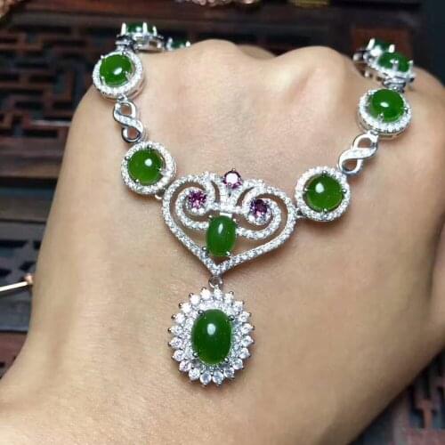 Natural green jasper Pendant necklace S925 sterling silver Natural gemstone big necklace Luxury Crown female party fine jewelery