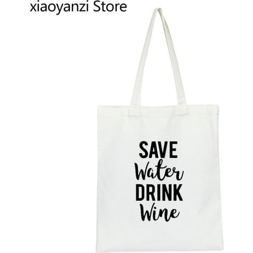 Casual Foldable Shopping Bag Print Save Water Drink Wine Eco friendly Reusable Grocery Tote Handbag Shoulder Bags Wholesale