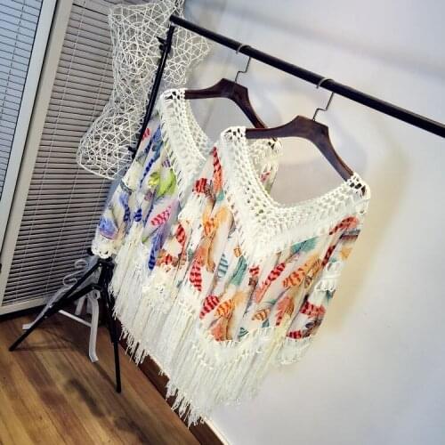 Summer new beach vacation sexy bohemia ethnic style feather print hollow out crochet loose tassel fringe pullover top cover up