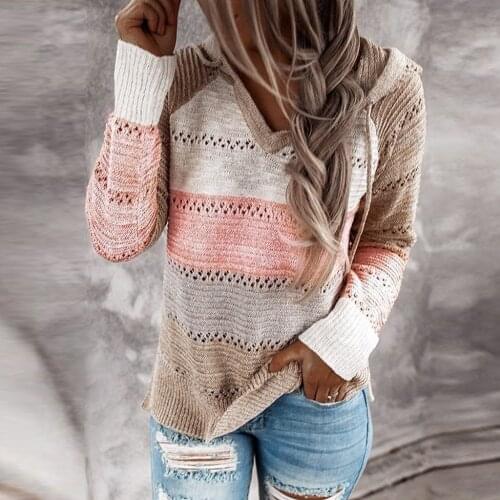 4@ 2020 Autumn V Neck Patchwork Hooded Sweater Women Casual Long Sleeve Knitted Sweater Winter Striped Elegant Pullover Jumpers