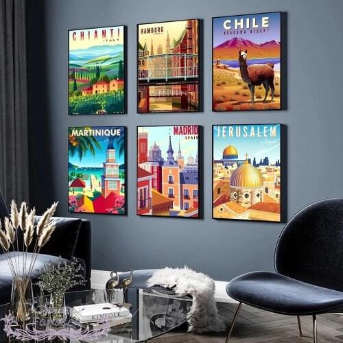 Nordic Vintage Travel Cities Poster Italy Spain Peru Caribbean Chile Cityscape Canvas Painting Wall Art Picture Home Decor