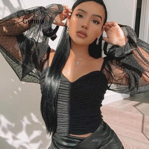 Lady Fashion High Street Shirt Off Shoulder Strappy Tulle Lace Long Sleeve Crop Top Backless Print Slim Zipper Sexy Blouse Women