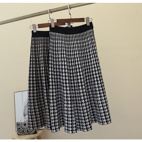 New Autumn And Winter Vintage Stretch High Waisted Midi Pleated Houndstooth Printed Knitted Skirt For Women Runway Skirts