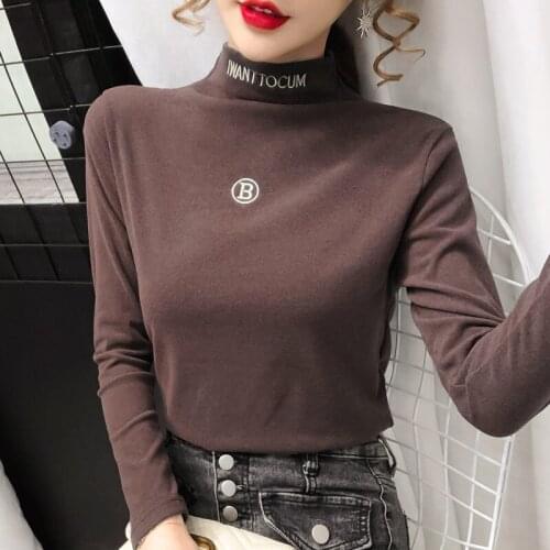 Femme T-shirts 2021 New Spring and Autumn Thicken Half High Collar Bottoming Shirt Women Long Sleeves Pure Color Pullover Top