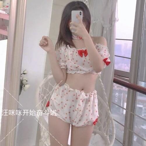 Pajama Set Women Embroidery Camisole Kawaii Strawberry Sleepwear Anime Girl Cosplay Costume Cute Sexy Lingerie Uniform Underwear