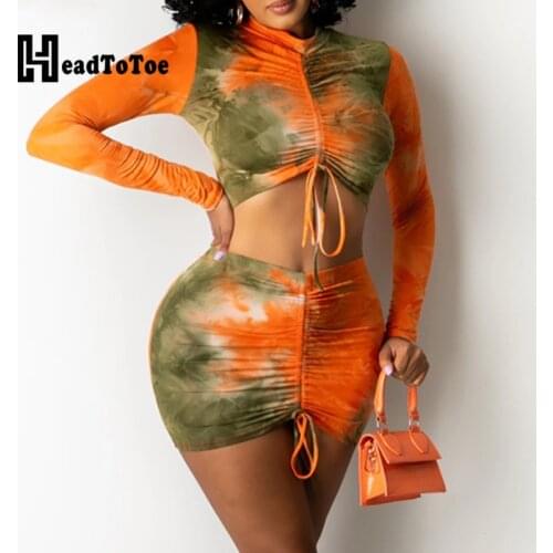 Tie Dye Print Drawstring Fashion Two Piece Set Women Full Sleeve Round Neck Above Knee Navel Pleated 2 Piece Set Women