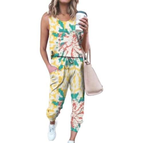 Women Outfit 2021 pant suits O Neck Tank Top Drawstring Pants Two Pieces Set Tie Dye Vest Pants Tracksuit Summer костюм женский
