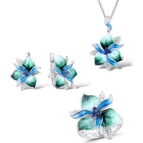 925 Sterling Silver Luxury Bloom Flower Enamel Jewelry Sets for Women Elegant Pendant Ring Earrings Set Wedding Party Jewelry