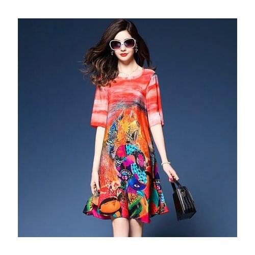 High Quality Silk Women Dress Spring Summer O-Neck Novelty Floral Print Dresses Casual Mid-Calf Vestidos Mujer Plus Size 2019