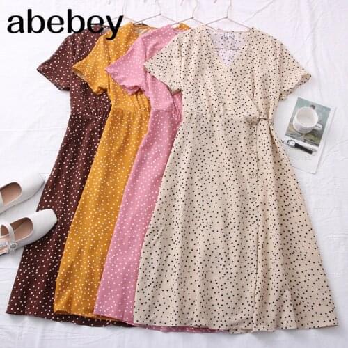 New Autumn V Neck Polka Dot Slim Chiffon Dress Button Puff Sleeve High Waist Elegant Women Mid-calf Dress