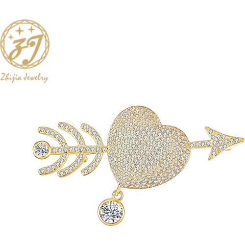 Zhijia new arrival golden silver color crytsal rhinestone Cupids arrow pins brooches for couple lovers valentines gifts