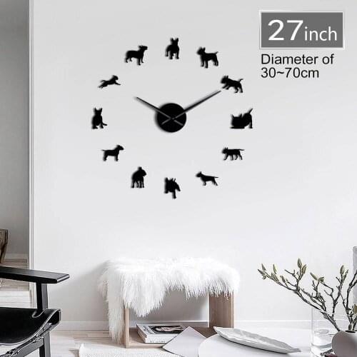 3D DIY Wall Clock Bull Terrier Dog Wall ArtPet Animals Shop Size Adjustable Creative Show Dogs Breed Pug Big Needle Clock Watch