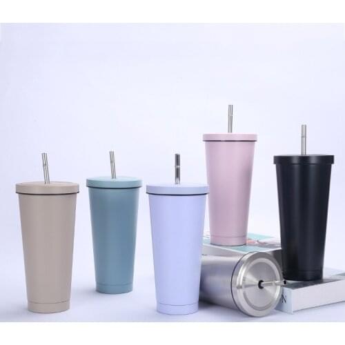 750ml Stainless Steel Straw Cup Double Vacuum Coffee Cup 304 Vacuum Mug Car Water Cup Pearl Milk Tea Lid