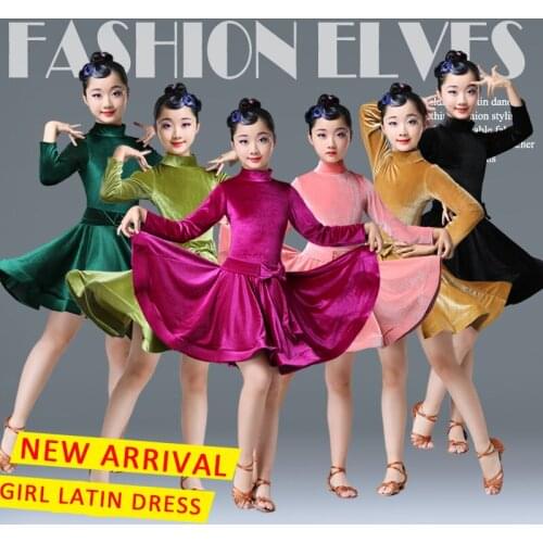 More Colors Girls Latin Dance Dress For Children Long Sleeved Velvet Practice Costume Cha Cha Competition Dancing Clothes DL5174