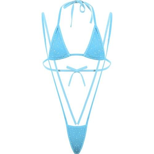 Womens Bikini Swimsuit Glitter Rhinestone Lingerie Suit Lace-up Swimwear Sunbathing Bikini Set Halter Neck Bra with G-string