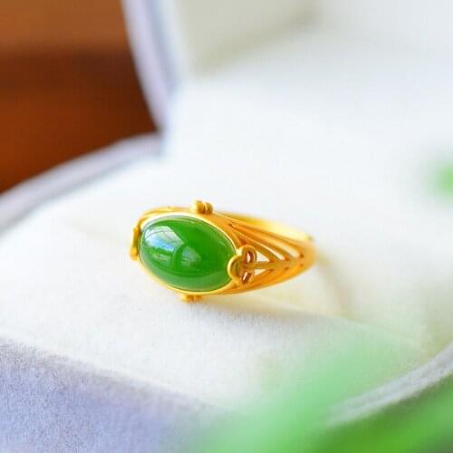 Ancient Gilding Craft S925 Sterling Silver Ring Inlaid Natural Hetian Jade Ring Retro Style Elegant Jewelry Women