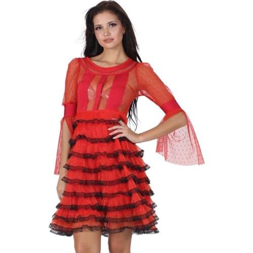 Elegant Folded Ruffle Princess Cake Dress Round Neck Flare Sleeve See Through Polka Dot Lace Long Sleeve Sexy Mini Party Dress