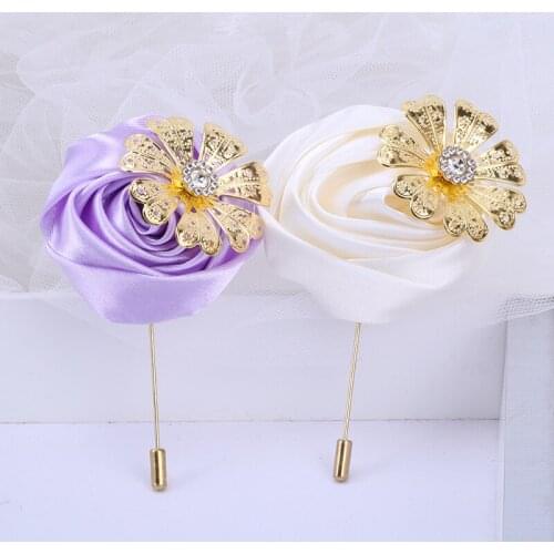 European and American Hot-selling New Milk Color Groom Suit Lapel Pin Mens Corsage Ribbon Rose Handmade Wedding Supplies XH036