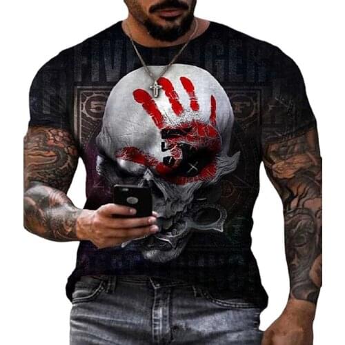 New Summer Fashion Mens T-shirts Skull Red Hand Print Scary Punk Style Top O-neck T-shirt For Man Clothing Plus Size Streetwear