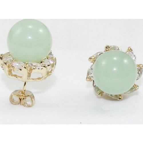 Hot Sell wholesale nice jewelry 10mm light green Natural jade bead 18kgp crystal inlay earrings
