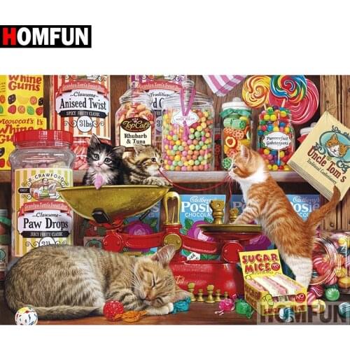HOMFUN Full Square/Round Drill 5D DIY Diamond Painting "Cat candy" Embroidery Cross Stitch 5D Home A08244