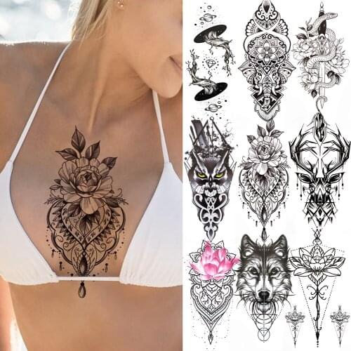 Fake Jewelry Chains Tattoo Sticker Owl Deer Snake Wolf Animal Temporary Tattoo For Women Lotus Geometry Henna Abstract Tatoo