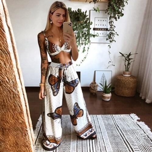 Beach Casual Suit Summer New Womens Suspender Vest Top + Printed Straight Pants 2-Piece Set
