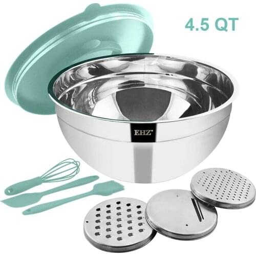 Mixing Bowl Stainless Steel Salad Mixer Bowl 4.5QT with Lid and 3 Grater Attachments for Kitchen Cooking Baking & Food Container