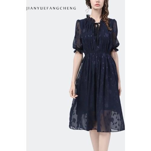 Fashion Blue Chiffon Jacquard Long Dress Woman Summer Clothing High Waist A-Line Pleated Slim Plus Size Ladies Casual Maxi Dress