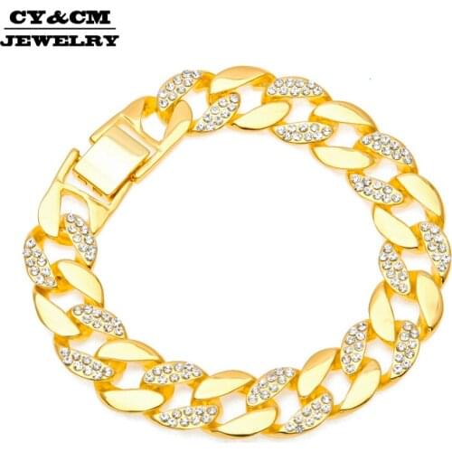 Men Hip Hop Bracelet Gold Silver Color 15mm Iced Out Bling Half Rhinestone Crystal Miami Cuban Chain Bracelets Punk Jewelry 22cm
