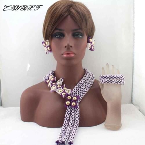 Flower Jewelry Set Graceful White and Purple African Beaded Bridal Jewelry Set Handmade Engagement African Jewelry Set L0069